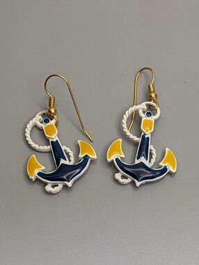 Vintage Enamel Anchor Earrings Nautical Blue Gold Rope Detail Heavy Quality Pair